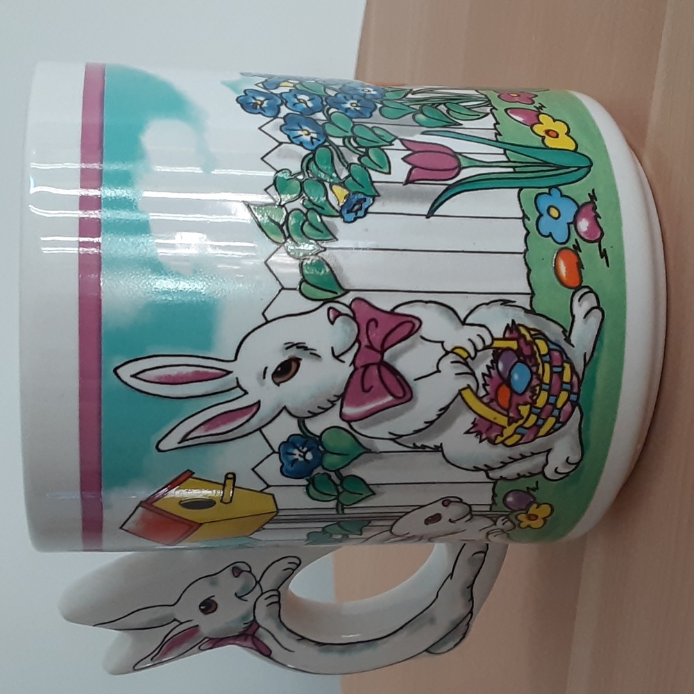 Easter Bunny White Rabbit Handle Cup Mug Spring Flowers Butterfly 8 oz - Picture 3 of 6